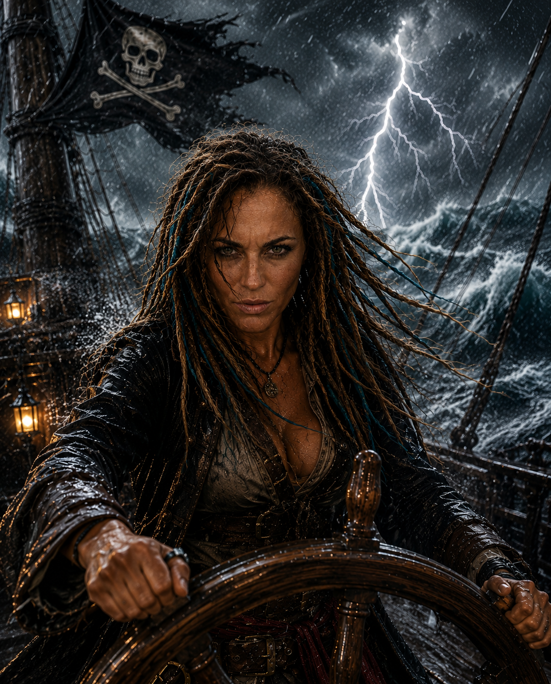 Storm pirate at the helm in a lightning storm